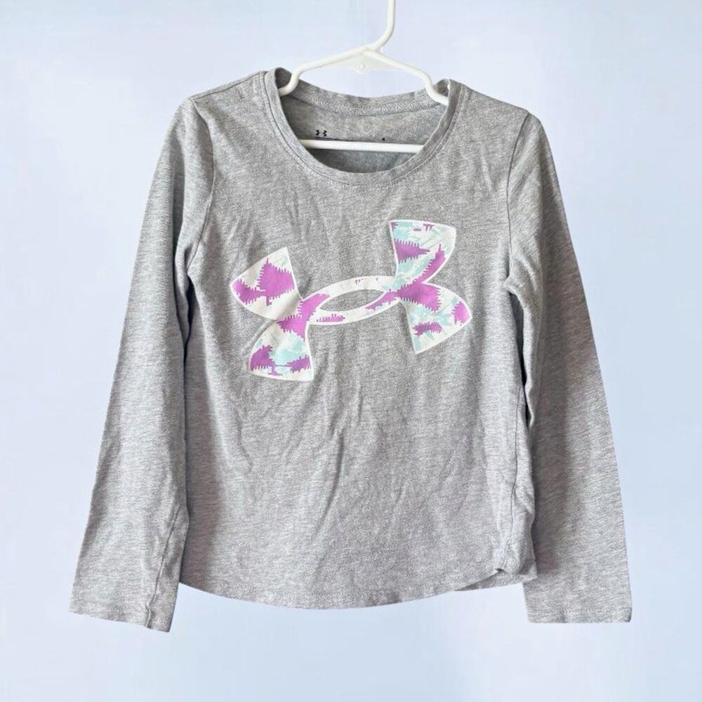Under Armour Girls Gray Long Sleeve Crew Neck Logo Graphic T-Shirt Size 6